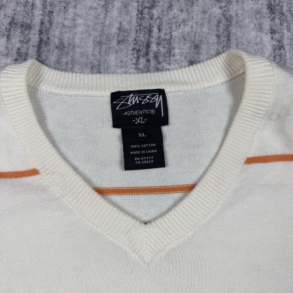 Stussy Mens White Long Sleeve Sweater Striped V Neck Cotton Size XL Y2K Vintage - Picture 2 of 6